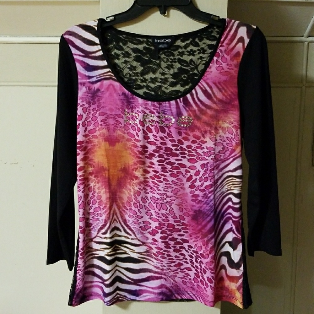 bebe Animal Print Sheer Lace Back Top